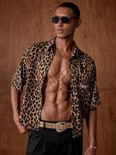 AKNOTIC Men's Leopard Print Short Sleeve Single-Breasted Casual Shirt