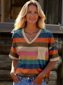 EMERY ROSE Plus Size Women Casual Colorful Striped V-Neck Drop Shoulder T-Shirt - Multicolor - View 3