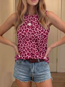 SHEIN LUNE Áo tank top nữ cổ tròn in họa tiết da báo, kiểu dáng thường ngày. - Nhiều màu - Xem 6