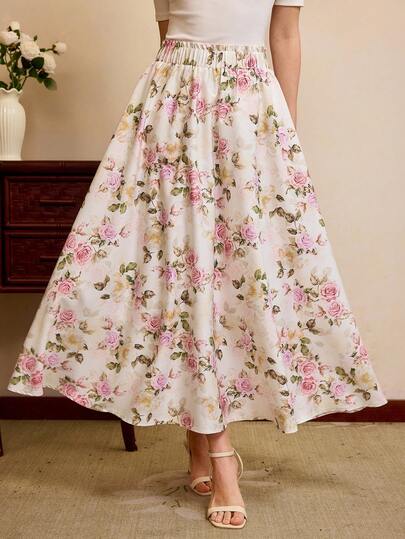 Vintamour Vintage Elegant Women's Floral Print A-Line Skirt, Loose Fit, Casual, Suitable For Spring And Summer, Pink, Flared, Elastic Waist