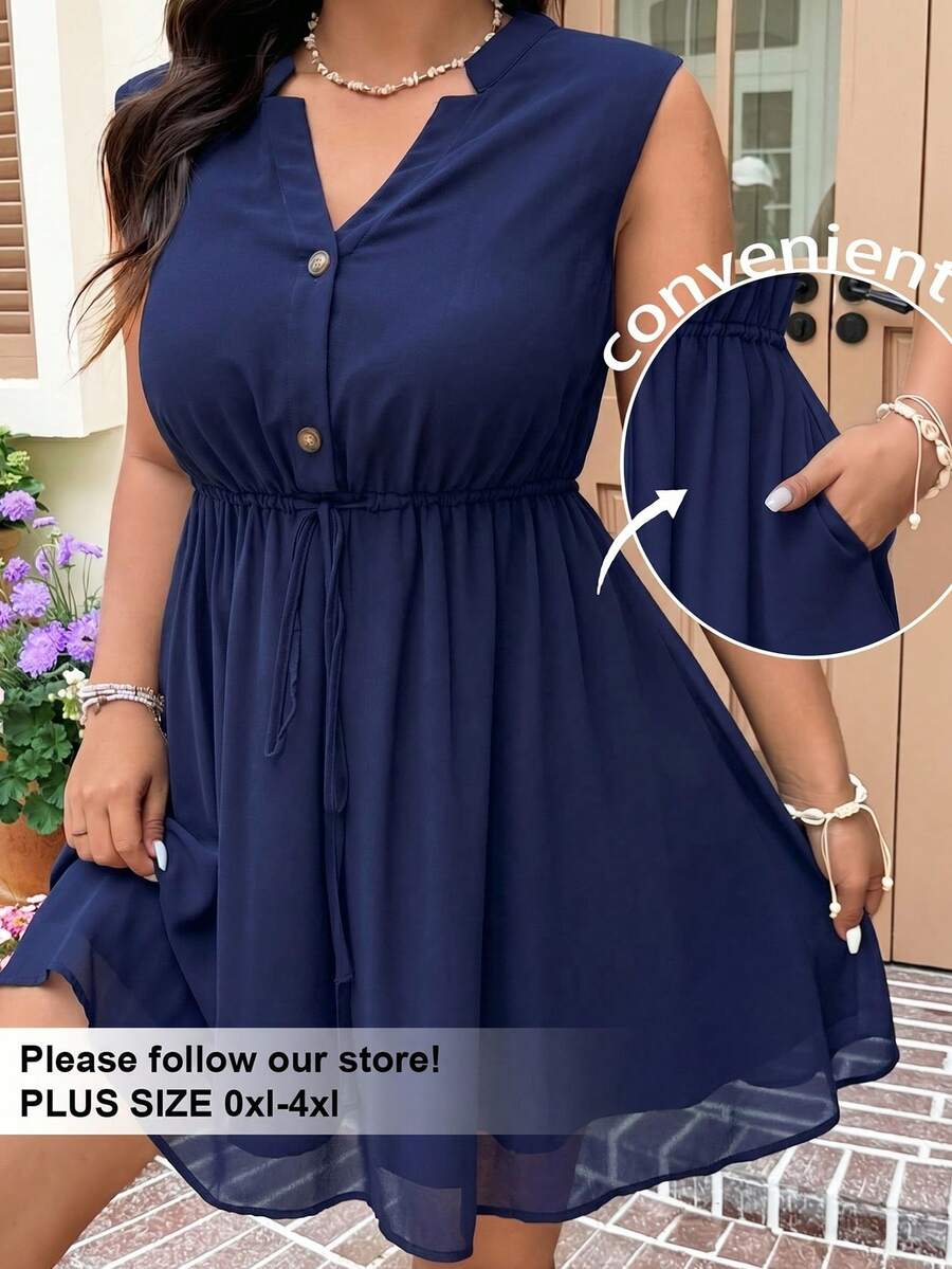 SHEIN EZwear 加大码藏蓝色雪纺无袖带口袋休闲连衣裙 - 藏蓝色 - 查看 1