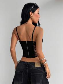 SHEIN ICON Women's Black Sexy Goth Grunge Contrast Lace Deep V-Neck Cropped Camisole - Black - View 2