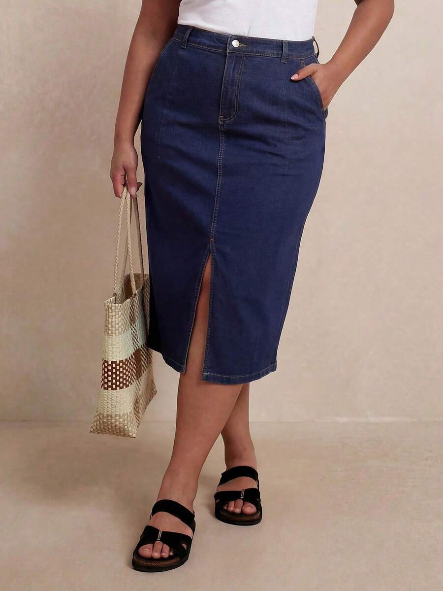 ELLERISSA Plus Size Dark Wash Denim Pencil Skirt With Front Split - Dark Wash - View 1