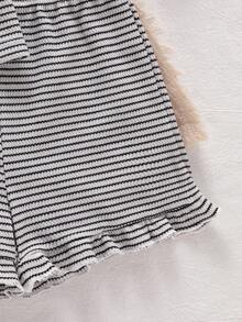 SHEIN Vintaside Kids 2件套女童条纹提花针织宽松背心短裤套装，适合休闲、度假、运动、夏季穿着 - 黑色 - 查看 8
