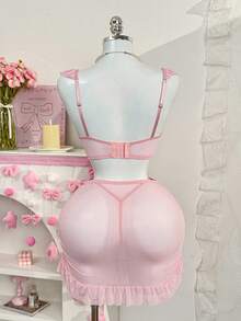 PetitDoll 女士性感内衣三件套，包括心形水钻蝴蝶结薄纱短袖蕾丝拼接上衣 - 粉色 - 查看 7
