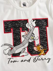 TOM & JERRY X SHEIN 1pc Young Girl Casual Letter & Cat Print Round Neck Short Sleeve Fitted T-Shirt - Multicolor - View 5