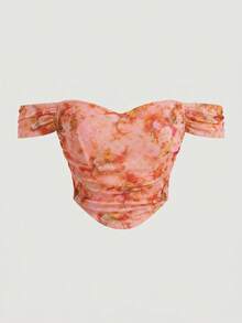 SHEIN MOD 大码女式夏季浪漫度假印花露肩荷叶边短款上衣 - 橘色 - 查看 5