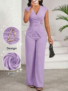 SHEIN Lady Bộ đồ nữ thanh lịch 2 mảnh gồm áo cổ chữ V xếp ly và quần dài, màu tím. - Màu tím - Xem 1