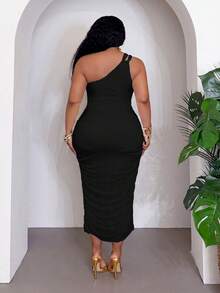 Slaydiva Women's Plus Size Elegant Black Summer Mid-Length Dress Formal Party Cocktail Date Night Evening Out Club Body-Hugging Side-Pleated Backless - Black - View 2