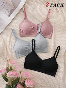 SHEIN MOD 3pcs/Set Bra Camisole Lipit Tanpa Kawat Warna Polos - MultiWarna - View 1