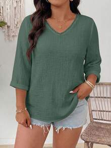 EMERY ROSE Plus Size Casual Linen Texture V-Neck Floral Print Shirt - Army Green - View 4