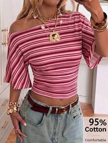 SHEIN EZwear Áo thun nữ tay cánh dơi kẻ sọc đỏ trắng 95% cotton – Phong cách vintage đảo nhiệt đới, lãng mạn cho kỳ nghỉ, hoàn hảo cho các lễ hội miền Tây, kỳ nghỉ biển mùa xuân và hè, kỳ nghỉ xuân, đám cưới đảo nhiệt đới phong cách Boho, kỷ niệm, tiệc phù dâu, hẹn hò, trang phục dự đám cưới gợi cảm, tiệc cô dâu, kỳ nghỉ ven biển, du lịch miền Nam nước Pháp - Nhiều màu - Xem 4