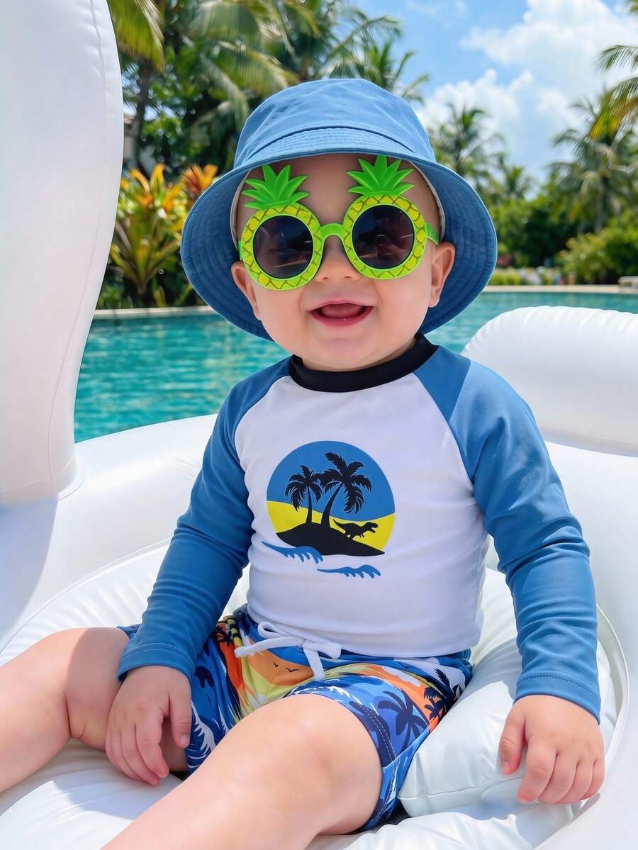 SHEIN 2pcs Baby Boy Summer Casual Swimsuit Set, Including Swim Top And Swim Trunks, Suitable For Beach, Pool, Hot Spring Swimming Holiday - Multicolor - View 1