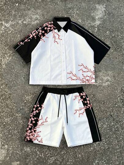 Manfinity EMRG Men's Contrast Floral Print Button-Front Short Sleeve Shirt And Drawstring Waist Shorts Casual Set