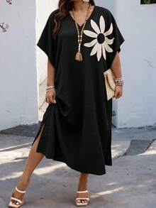 Weeklong Plus Size Women's V-Neck Raglan Sleeve Applique Loose Dress, Suitable For Daily Wear And Vacation - Black - View 4