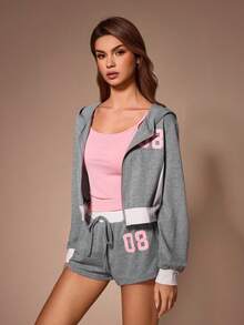 Lazeform 3pcs Women's Casual Sports Style Camisole Shorts + Zipper Hoodie Jacket Set, Suitable For Outerwear - Grey - View 5