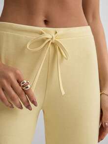 Pantalones casuales de pierna recta larga de unicolor para mujer con elasticidad media - Amarillo - Ver 5