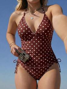 Swim Mod 大尺碼女款圓點比基尼套裝，優雅、浪漫、性感、甜美；極簡、休閒、百搭；特色蝴蝶結比基尼設計，附可拆式墊胸罩，2件組 - 棕色 - 查看 3