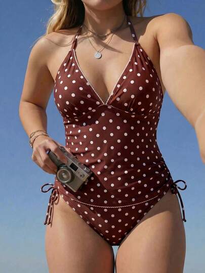 Swim Mod Bộ bikini chấm bi cỡ lớn dành cho nữ, thanh lịch, lãng mạn, gợi cảm, ngọt ngào; tối giản, giản dị, đa năng; thiết kế bikini thắt nơ với áo ngực có đệm rời, 2 mảnh.