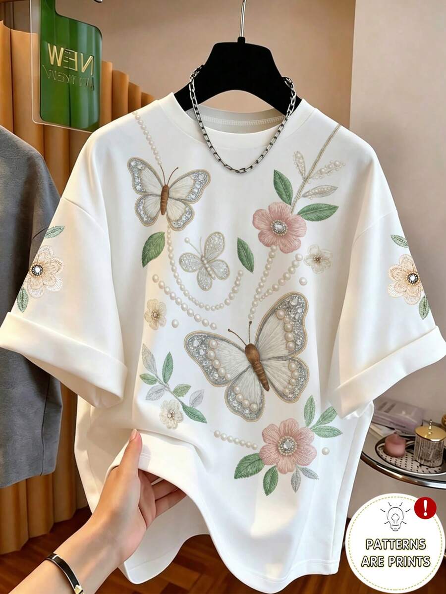 少女休闲复古蝴蝶花卉印花短袖圆领T恤,宽松柔软舒适夏季上衣 - 彩色 - 查看 1