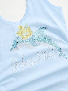Sweetness Casual Relaxed Cute Dolphin Graphic Rhinestone Embellished Women Tank Top, Suitable For Island Vacation & Daily Wear - Baby Blue - View 2