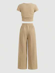 SHEIN Tween Girls Bow Ribbed Print T-Shirt And Leggings 2 Pieces Set, Casual Daily Fashion Versatile - Khaki - View 2