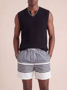 Zalmeno Pantalones cortos de playa holgados con cordón en la cintura y bolsillos a rayas para hombre - Gris - Ver 3