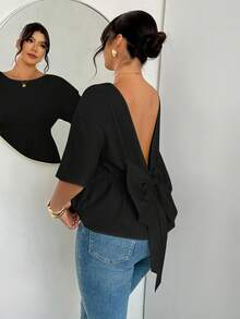 Firerie Plus Size Solid Color Minimalist Backless Blouse - Black - View 2