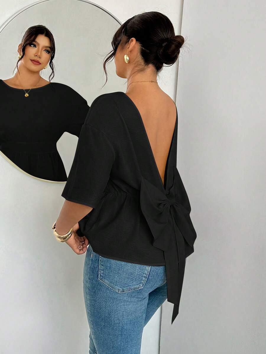 Firerie Plus Size Solid Color Minimalist Backless Blouse