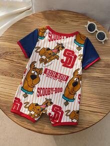 SCOOBY-DOO X SHEIN 男嬰夏季休閒條紋拼接狗圖案短袖連身褲 - 紅色 - 查看 2