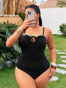 Swim Vcay Plus Size Women One-Piece Solid Color Shell Decor Elegant Swimsuit For Beach Gym Pool Summer - Brown - View 1