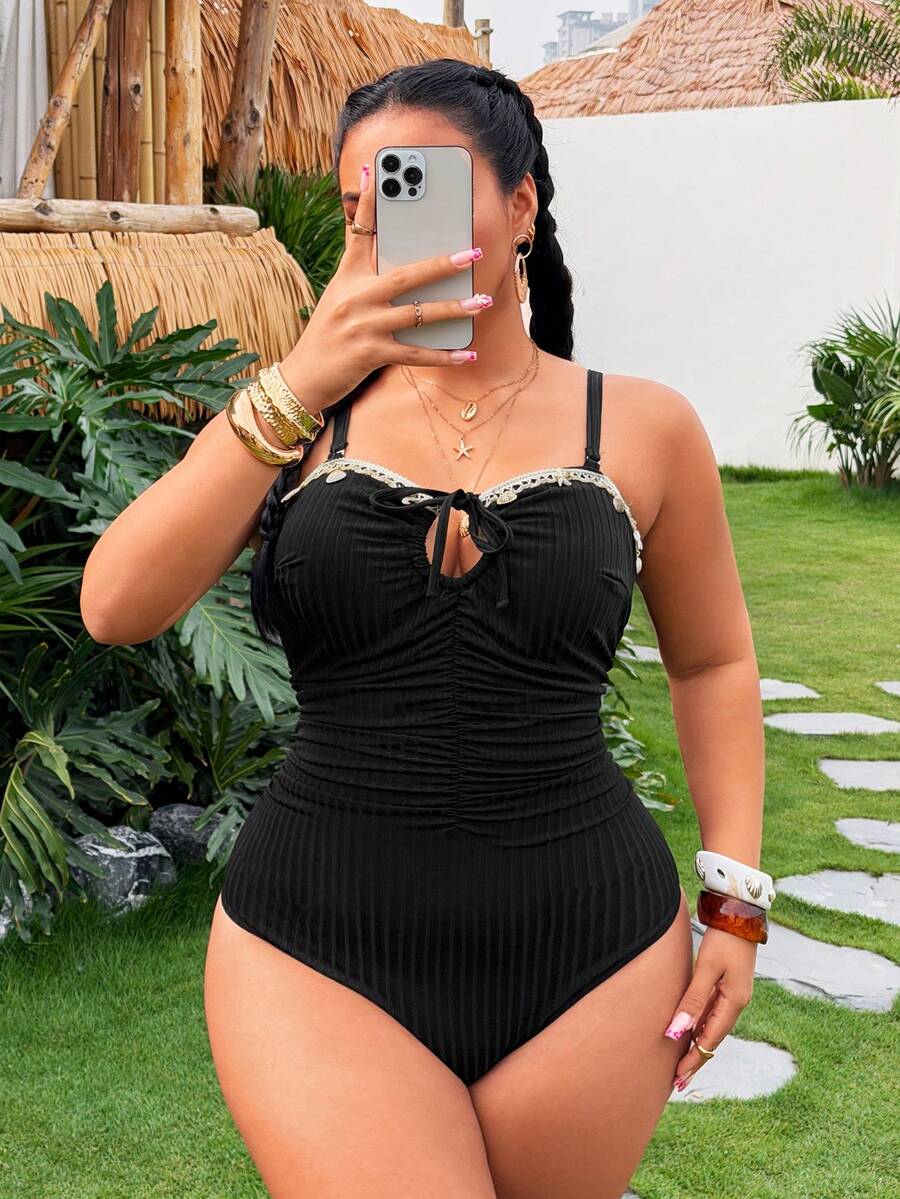 Swim Vcay Plus Size Women One-Piece Solid Color Shell Decor Elegant Swimsuit For Beach Gym Pool Summer - Brown - View 1