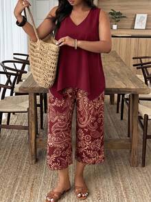 Weeklong Plus Size Women's V-Neck Irregular Hem Sleeveless Blouse And Solid Color Capri Pants 2-Piece Set, Spring/Summer - Burgundy - View 4