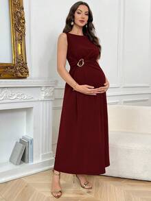 SHEIN Maternity Solid Color Minimalist Sleeveless Dress, Casual Everyday Wear - Burgundy - View 6