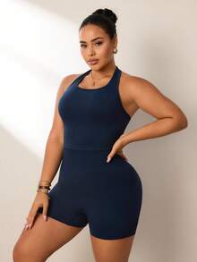 SHEIN Rhythm Era Plus Size Women Summer Minimalist Navy Seamless Halter Top And High Waist Shorts Sports Set - Navy Blue - View 3