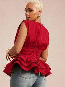 Vixey Top con cuello redondo sólido tejido, volantes fruncidos, sin mangas y dobladillo de peplum en capas - Rojo - Ver 2