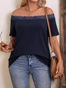 EMERY ROSE Casual Vintage Basic Lace Patchwork Off-Shoulder Short Sleeve T-Shirt, Plus Size - Blue - View 3