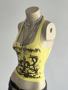 SHEIN DivaQ Áo tank top nữ in chữ theo phong cách punk đường phố - Màu vàng - Xem 7