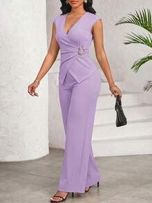 SHEIN Lady Bộ đồ nữ thanh lịch 2 mảnh gồm áo cổ chữ V xếp ly và quần dài, màu tím. - Màu tím - Xem 7