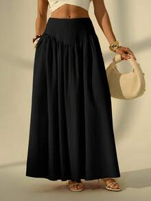 SHEIN Tall Women's Solid Color Pleated Casual/Work Skirt, Tall Women - Black - View 6