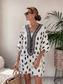 Louniche Robe courte ample à manches dolman, col V, à pois, décontractée et transformable, pour les vacances, printemps/été pour femmes - Multicolore - Voir 1