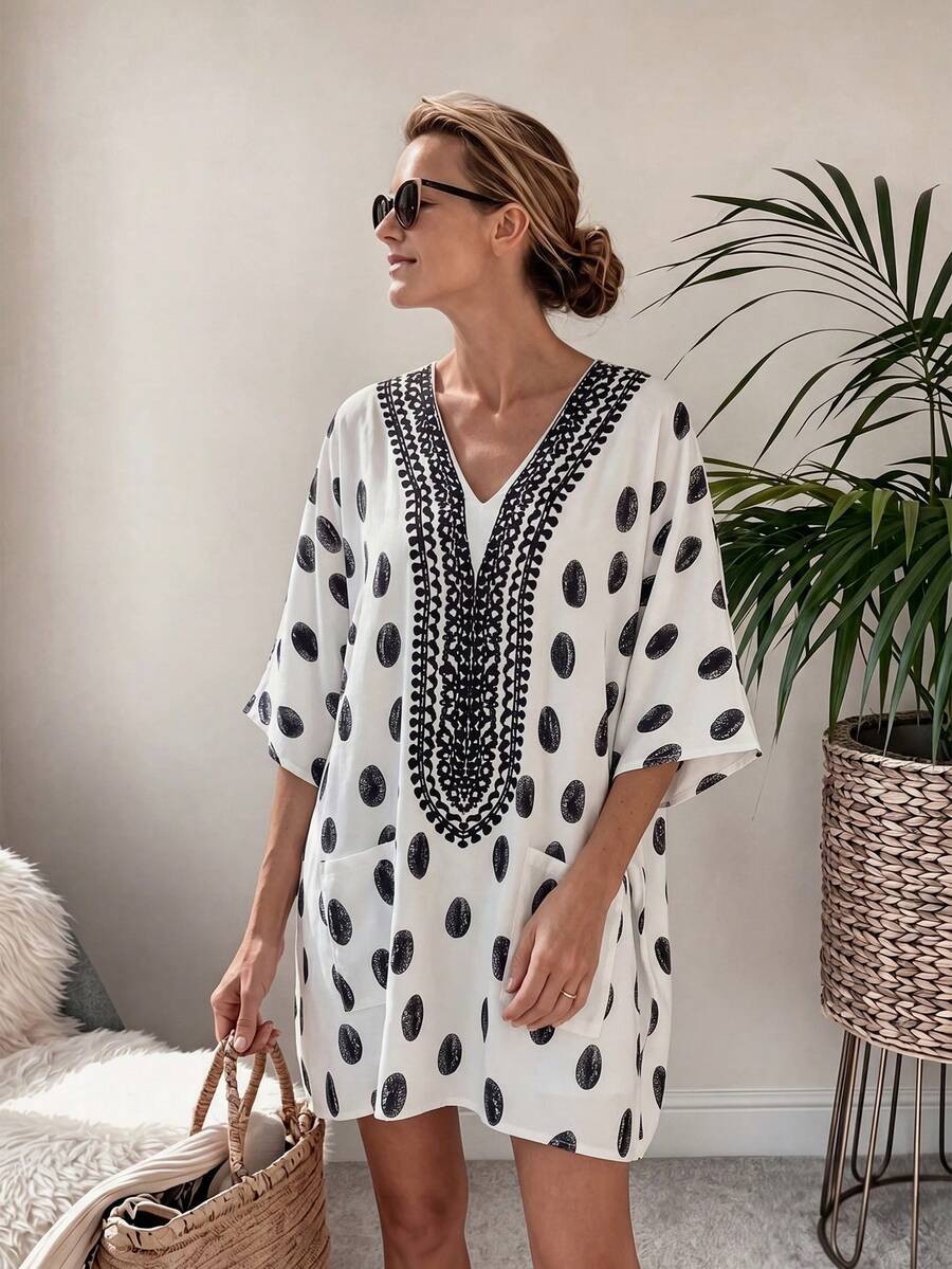 Louniche Robe courte ample à manches dolman, col V, à pois, décontractée et transformable, pour les vacances, printemps/été pour femmes - Multicolore - Voir 1