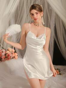 DelicateAllure Áo ngủ lưới ren gợi cảm dành cho nữ, dây mảnh. - trắng - Xem 5