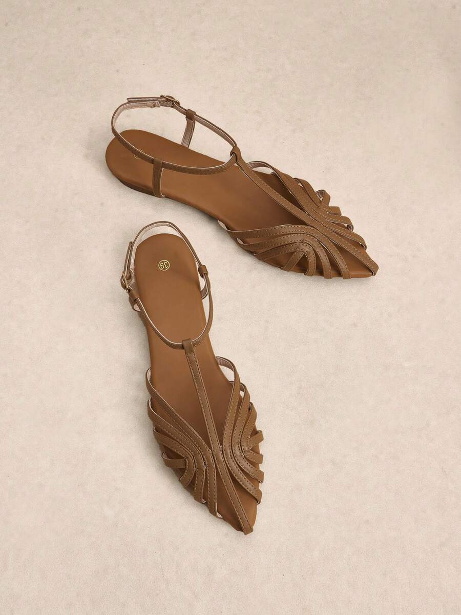 Rosivie Giày sandal đế bằng mũi nhọn màu caramel dành cho nữ, thiết kế quai chữ T rỗng, gót thấp thoải mái, kiểu dáng retro mùa hè, thích hợp đi biển hoặc đi làm. - Màu nâu nhạt - Xem 1