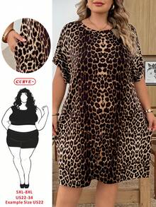 SHEIN CURVE+ Bộ đồ thể thao năng động, thích hợp cho chạy bộ, đạp xe, bóng rổ; Đầm nữ mùa hè họa tiết rằn ri, thoải mái, rộng rãi, cổ tròn, tay áo rớt vai, có túi hai bên. - Nhiều màu - Xem 1