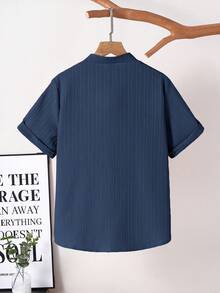 SHEIN Áo sơ mi ngắn tay cổ bẻ đa năng dành cho bé trai tuổi teen - Màu xanh hải quân - Xem 2