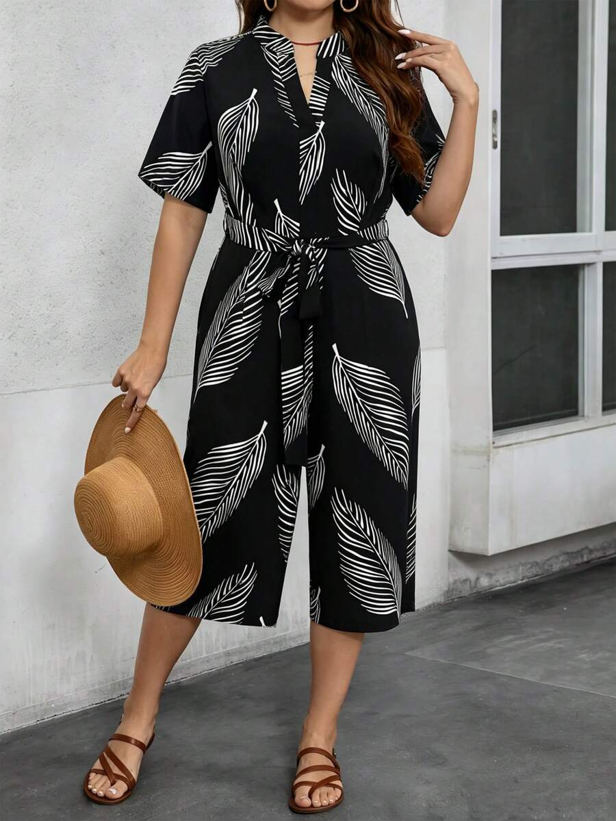 EMERY ROSE Mono informal y cómodo de talla grande con estampado de hojas aleatorio para mujeres - Negro - Ver 1
