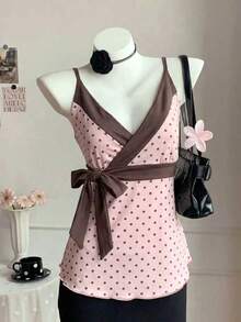 Comfortcana Áo hai dây buộc eo in chấm bi hồng dáng casual dành cho nữ, áo kiểu mùa hè. - Hồng - Xem 7