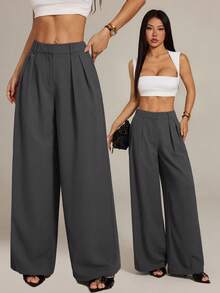 SHEIN PETITE Quần ống rộng dáng suông màu cà phê đậm phong cách tối giản dành cho nữ, quần công sở màu nâu, quần ống rộng cạp cao cho nữ, quần tây màu nâu cho mùa thu/đông, quần cạp cao màu xám, quần tây nữ, quần ống rộng cho nữ, quần áo mùa thu cho nữ. - Xám - Xem 6