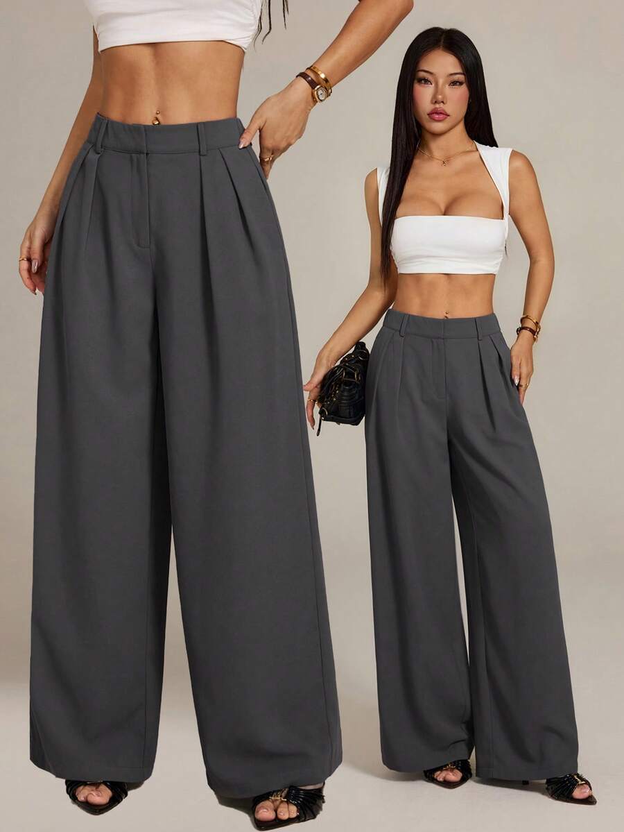 SHEIN PETITE Quần ống rộng dáng suông màu cà phê đậm phong cách tối giản dành cho nữ, quần công sở màu nâu, quần ống rộng cạp cao cho nữ, quần tây màu nâu cho mùa thu/đông, quần cạp cao màu xám, quần tây nữ, quần ống rộng cho nữ, quần áo mùa thu cho nữ. - Xám - Xem 1